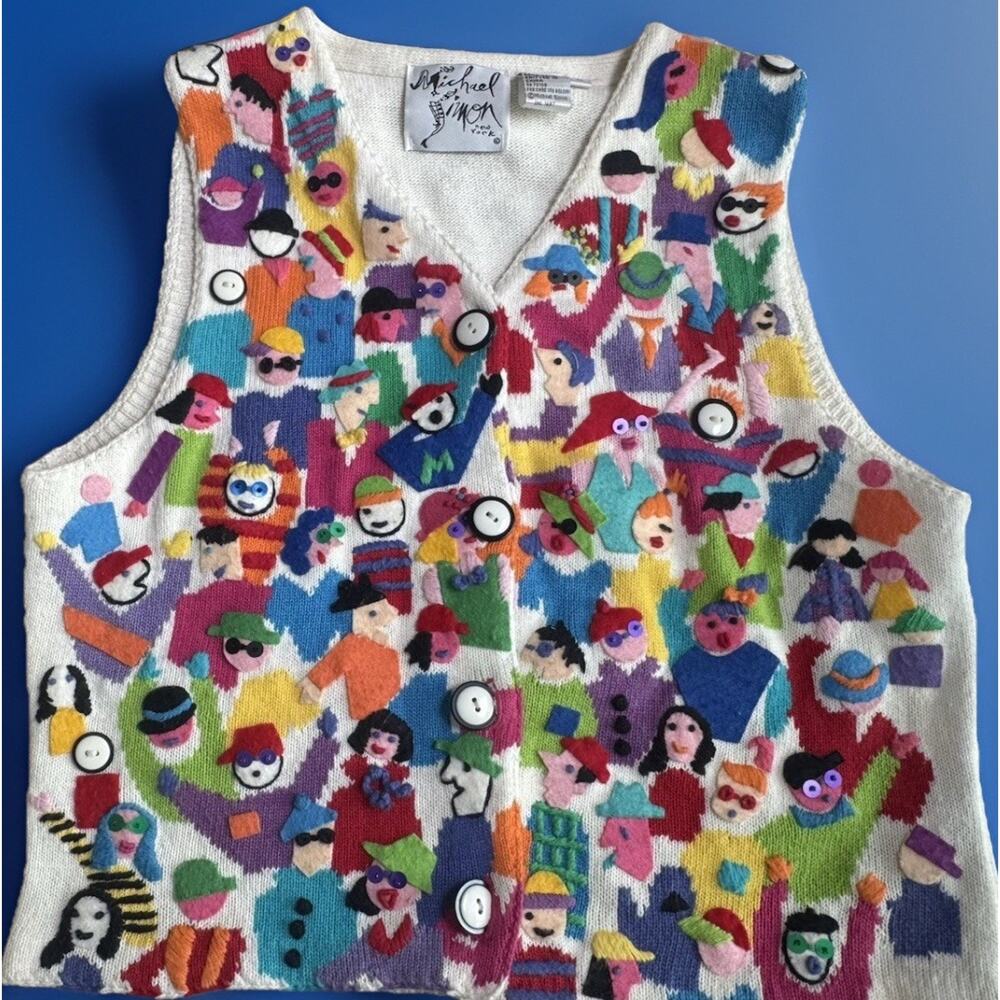 Vintage Micheal Simon Sweater Vest | Art To Wear | 1997| Bold Color Appliqués